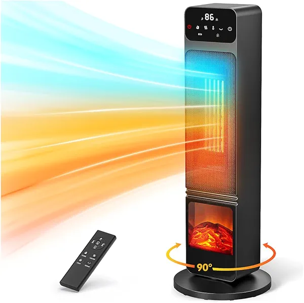 Tower Fan and Heater Combo, 1500W PTC Electric Fireplace Heater W/ 3D Flame, 90° Oscillation Space Heater Fan Combo for Indoor Use, Child Lock & Eco Mode, 12h Timer, Remote Control, Home & Office