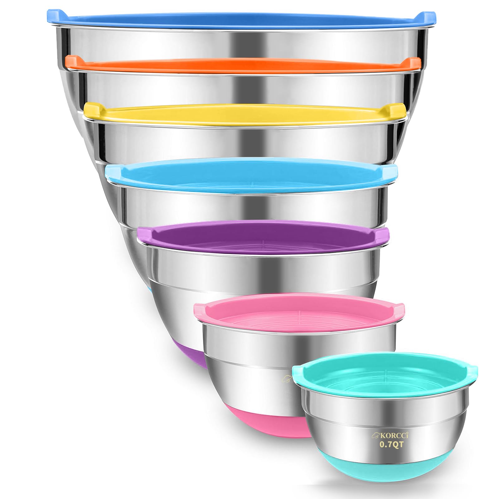 Mixing Bowls With Airtight Lids Set - 7Pc Stainless Steel Nesting Storage Bowls, Non-Slip Silicone Bottom, Size 0.7,1.1,1.7,2.1,2.7,3.6,4.5QT, Ideal for Baking, Prepping, Cooking and Serving Food