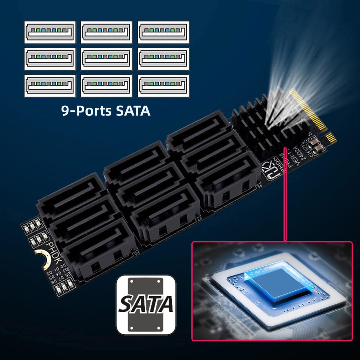 NVME M-Key PCI Express M.2 NGFF na 9-portowy SATA 3.0 6 Gbps adapter karta rozszerzenia dysku twardego 2280 do komputera NAS (9 portów)