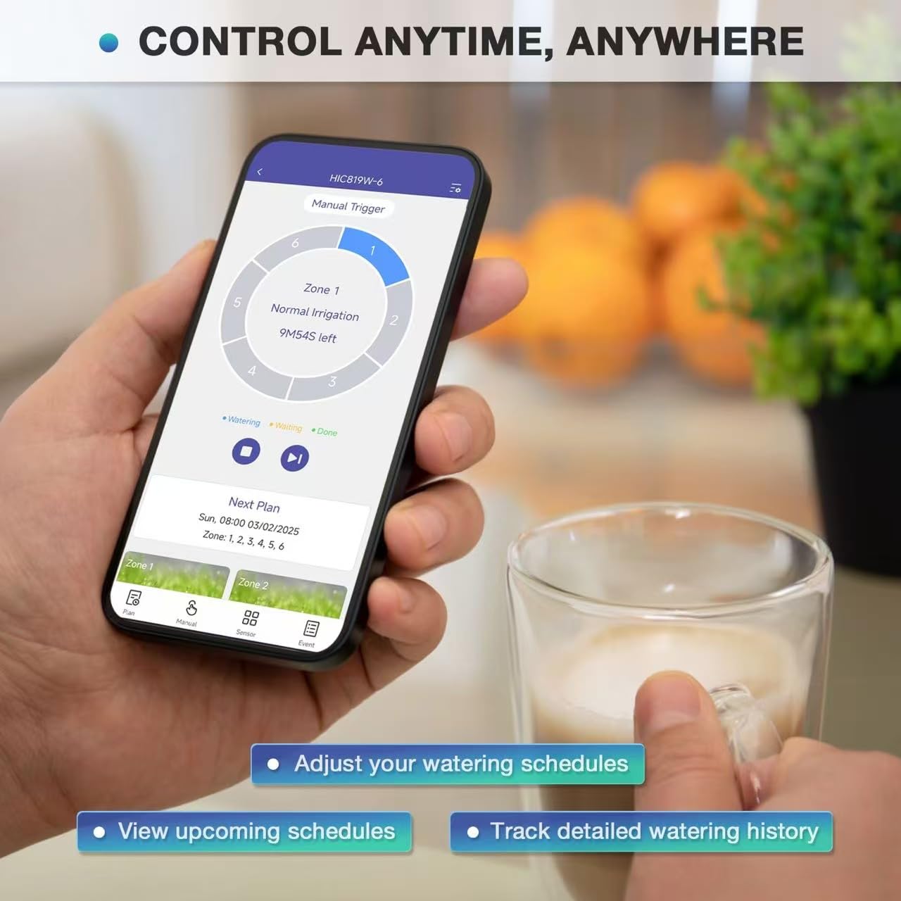 Regolatore intelligente a 6 zone con intelligenza meteorologica locale e luci atmosferiche, irrigazione automatizzata e controllo tramite app, sistema di irrigazione WiFi, risparmia acqua attraverso