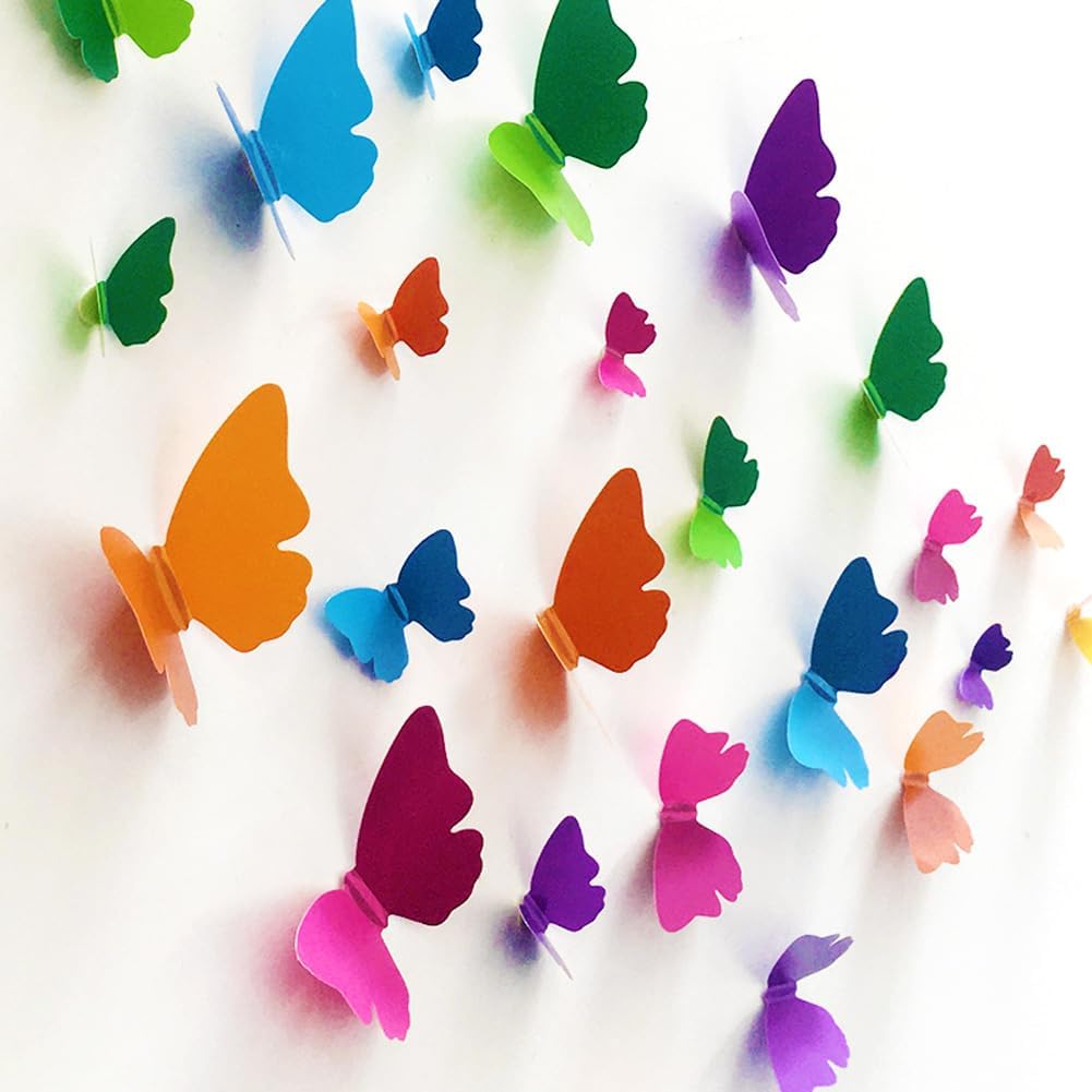60Pcs 3D Multicolor Butterfly Wall Sticker Art Decals Living Room Solid Color Butterflies Home Decor Mural Self Adhesive Decals