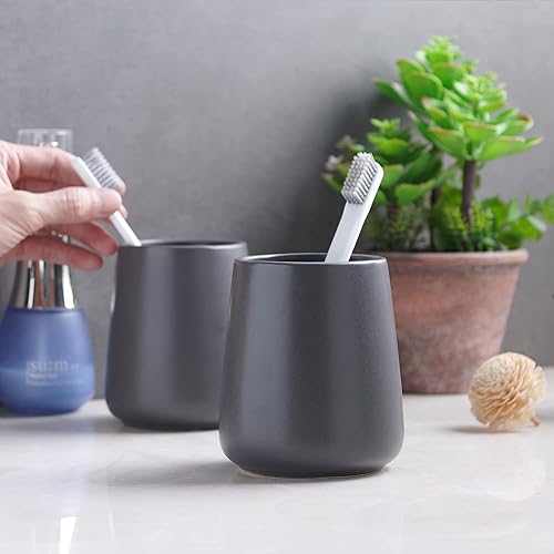 Miniatura 5 de Soportes para cepillos de dientes de color gris mate para baño, juego de 2 soportes de cerámica para cepillos de dientes, soporte para pasta de