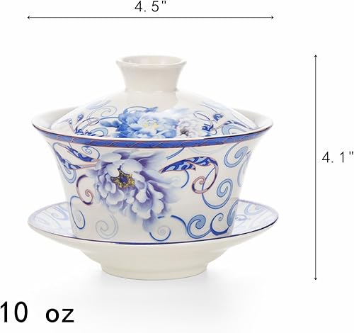 Miniatura 2 de Juego de 3 tazas de té chino con tapa y platillo, juego de tazas de té Gaiwan de porcelana grande de 10 onzas, cuenco de té hecho a mano, sistema de