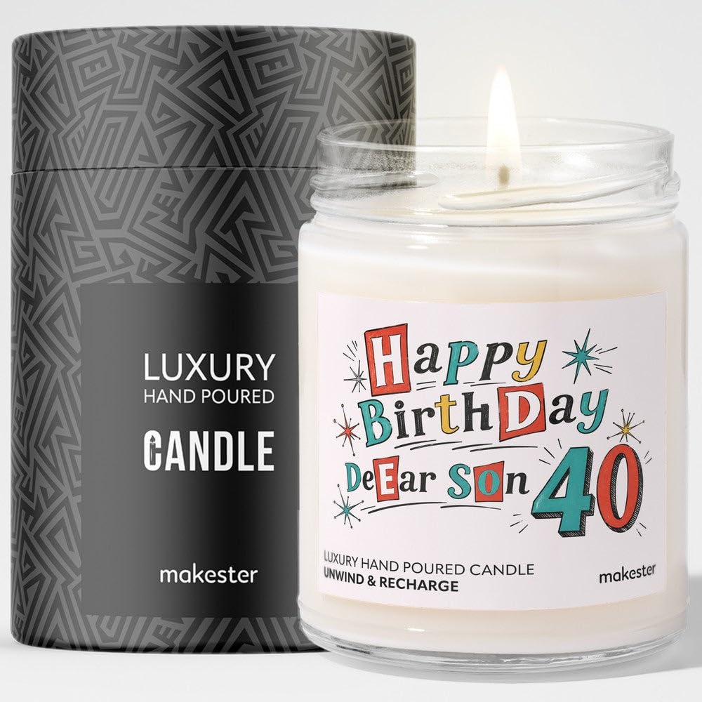 40th Birthday Gift for Son - Luxury Soy Wax Candle - Vanilla, Jasmine, Sugared Almond - Makester — image 1