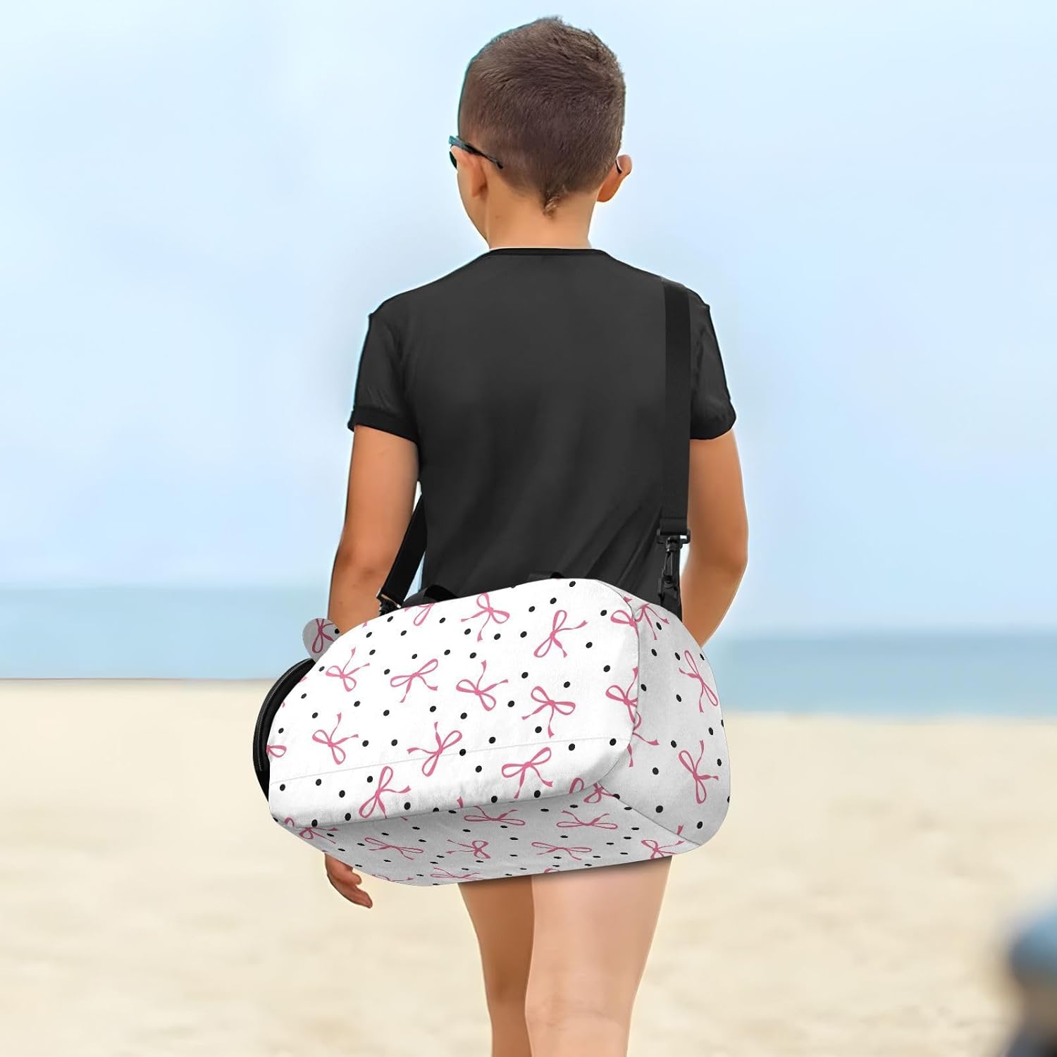 White Polka Dot Bow Pattern Dance Bag for Girls Ballet Bag with Shoe Compartment, Kids Dufflefor Gym, Cheerleading, Sports, Birthday Gift for Little Dancers