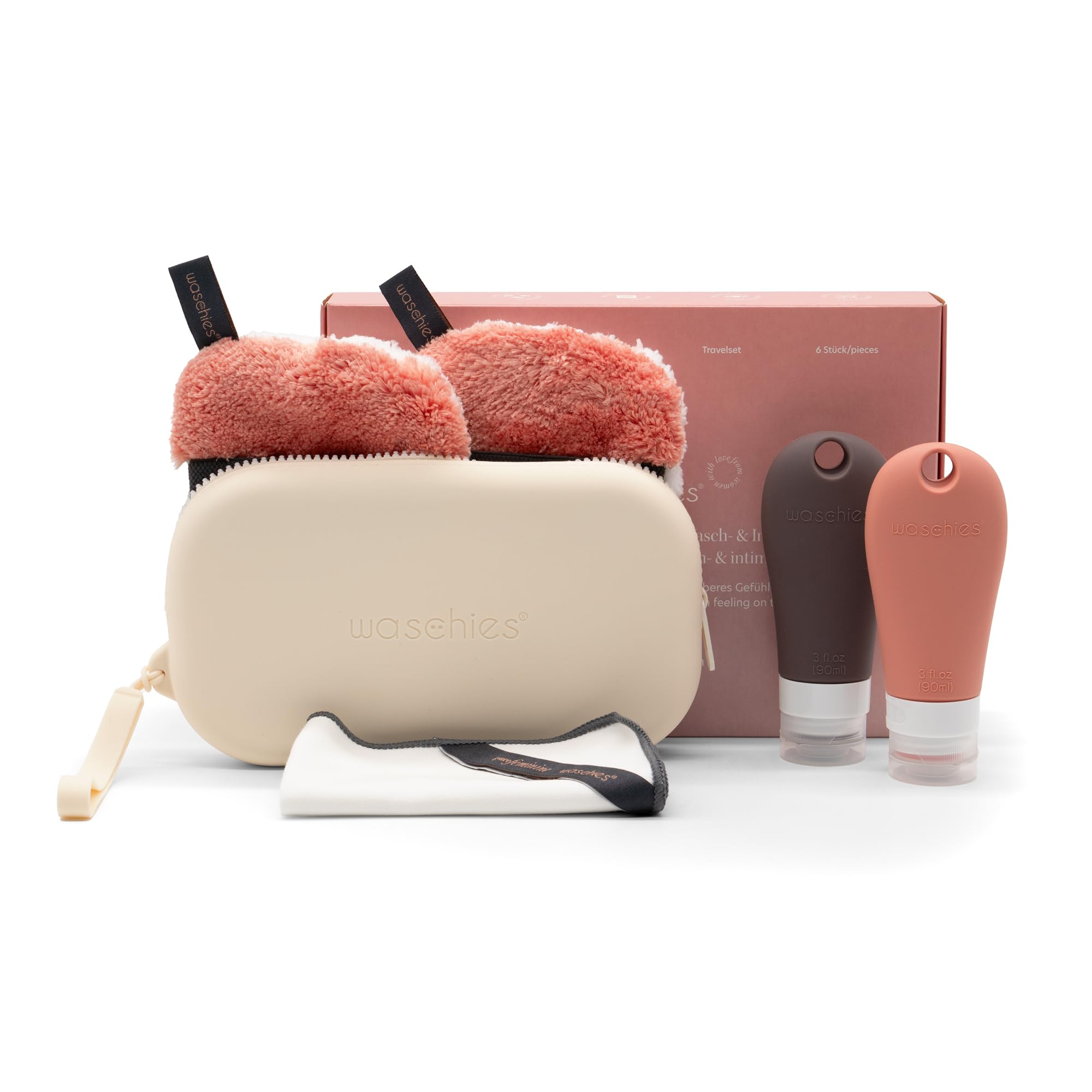 Waschies PureFeminine - Juego de 6 bolsas de aseo de tamaño mediano en crema con almohadillas de lavado íntimo, paño y botellas de viaje, pH neutro e hipoalergénico, lavable, reutilizable y sostenible