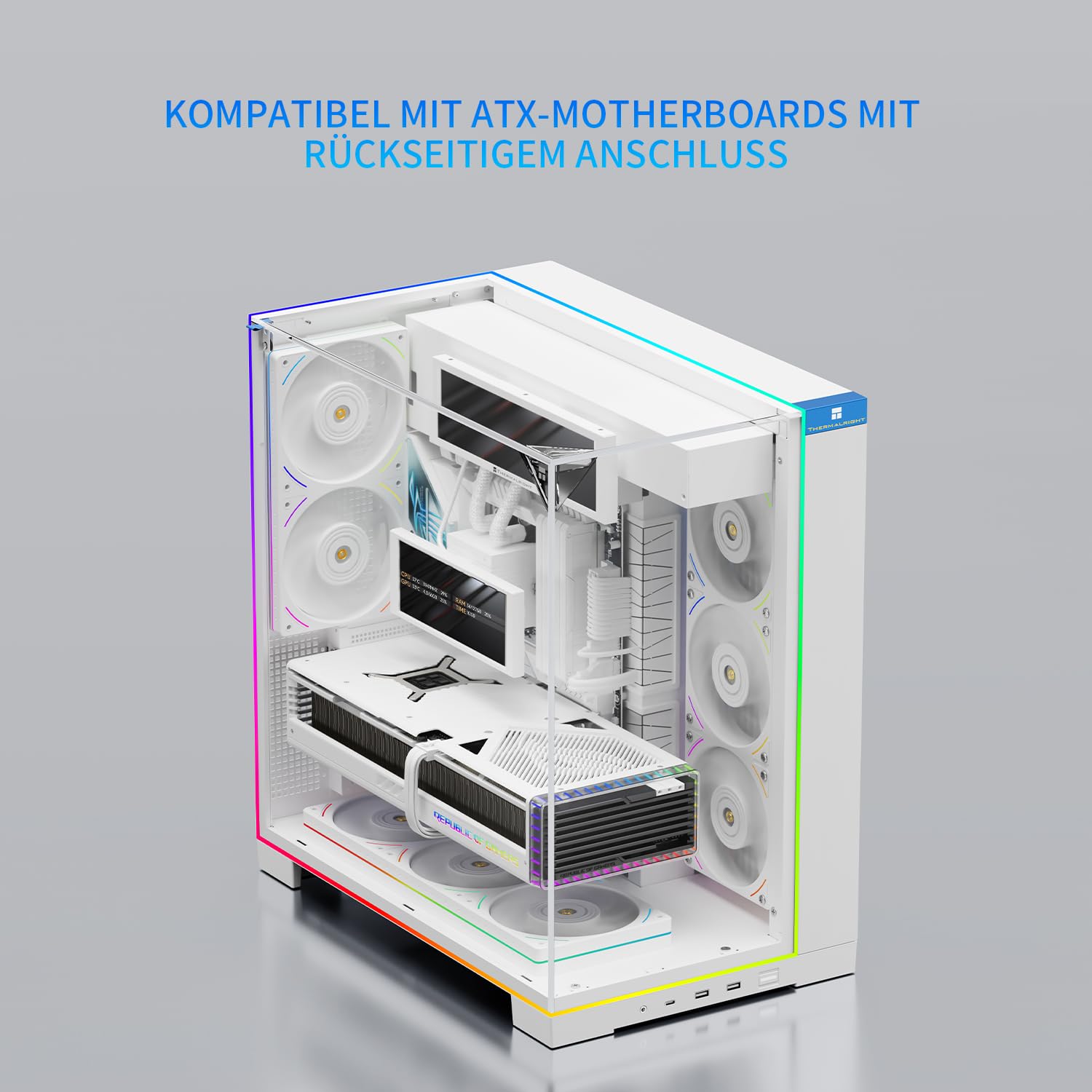 Thermalright A70 Vision Biały Obudowa PC z 9,16-calowym wyświetlaczem, panoramicznym szklanym panelem bezpieczeństwa, wieżą ATX obsługującą płytę główną ATX/karty graficzne 42 cm, z listwą świetlną