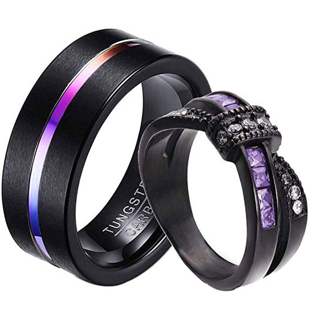 AONEWCouple Rings X Criss Cross Infinity Womens Wedding Ring Purple Cz & Titanium Steel Mens Ring Groove Wedding Bands【Buy Two Rings for One Pair】