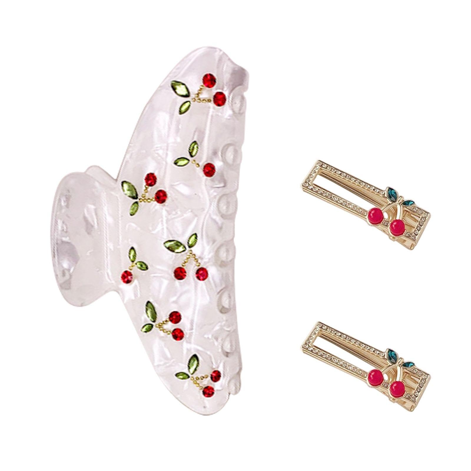 1 Piece Of Cherry Hair Clip, 2 Pieces Of Cherry Side Clip, Flash Diamond Gripper, Fixed Anti-Slip Clip
