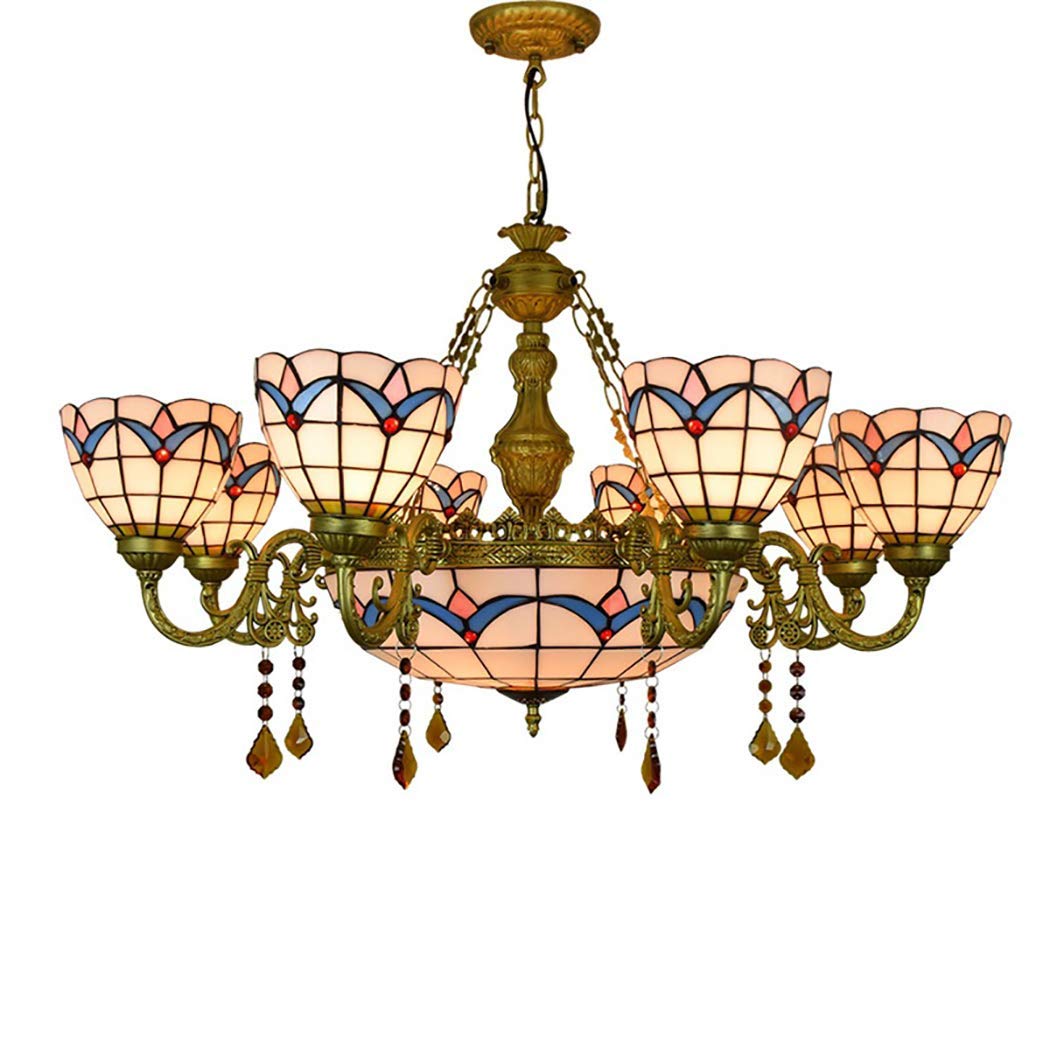 YNIYUJKL Retro Chandelier Vintage Tiffany-Style Chandelier, American Minimalist Stained Glass Inverted Ceiling Light Fixture For Living Room Villa-B