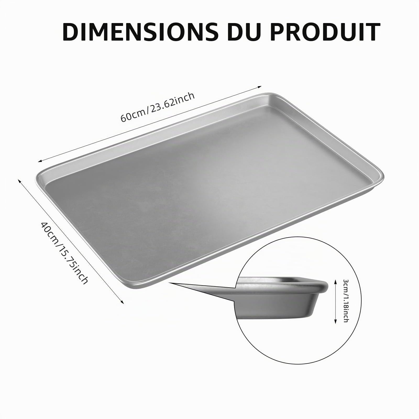 CROSSON 3PCS Plaque de Cuisson en Acier Inoxydable 60 x 40 x 3 cm Grande Capacité,Antiadhésives Rectangulaires Bac Cuisson Résistance aux Hautes Températures pour Boulangerie,Hôtel,Restaurant
