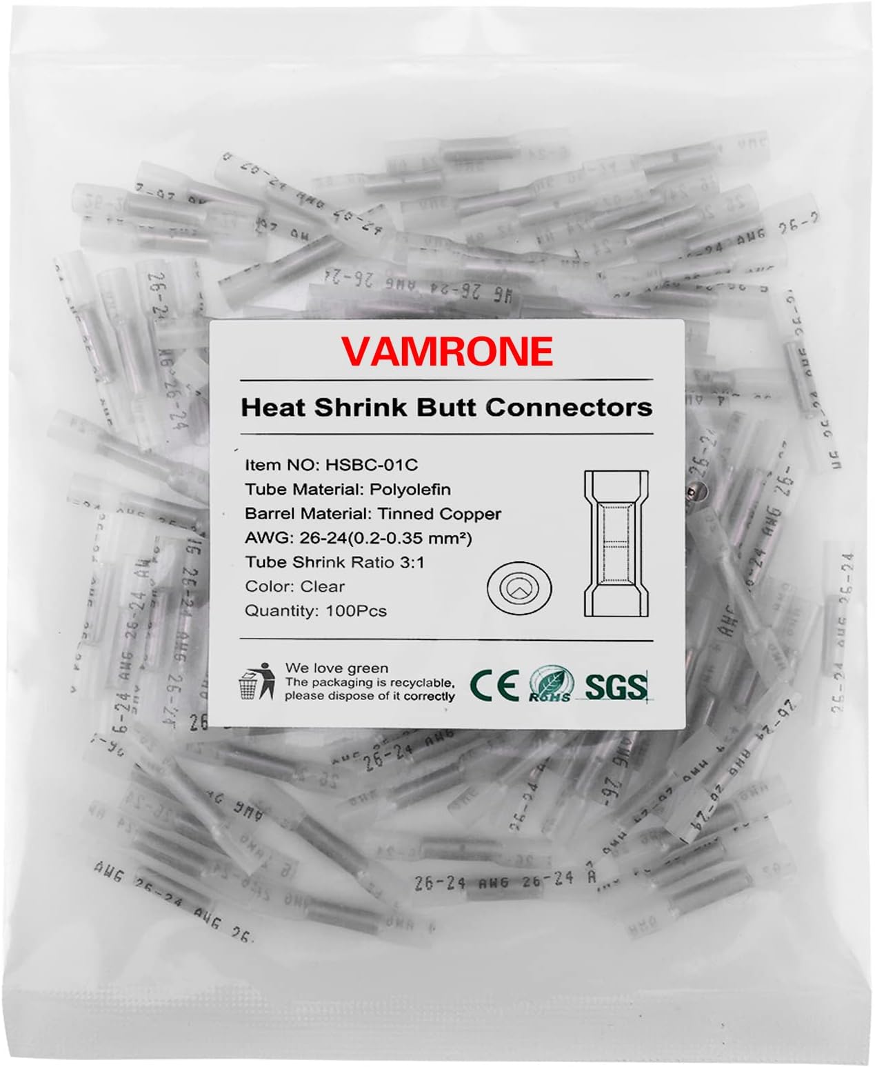 Heat Shrink Butt Connectors, 100Pcs 26-24 AWG Clear Insulated Waterproof Electrical Wire Connectors Automotive Marine Grade Wire Crimp Terminals Butt Splices, Ideal for Boat, Truck, Stereo - Clear