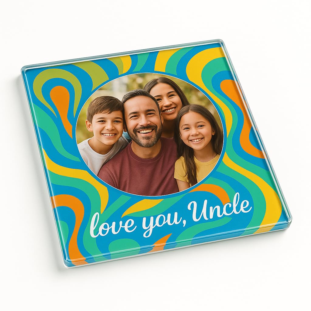 Vibrant Personatlised Acrylic Coaster Gift for Uncles - Personalised Photo Frame with Colourful Swirls and Heartfelt Message