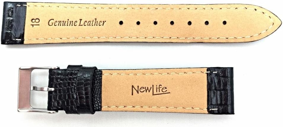 NewLife 18mm Black Genuine Leather Watchband | Teju Lizard Grain, Lightly Padded Replacement Watchstrap that brings to Any Watch (Mens Standard Length)