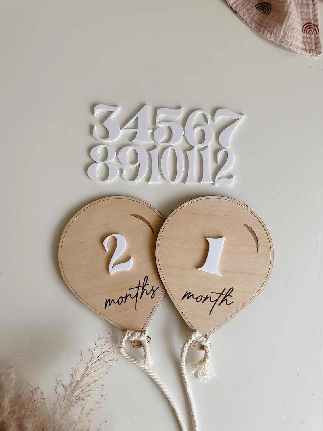 Curious Button Month Air Balloon Wooden Baby Milestone, Boho Baby Milestone, Milestone Props for Babies Photo, Monthly Baby Milestone Marker, Baby Growth.Teddy NOT Included