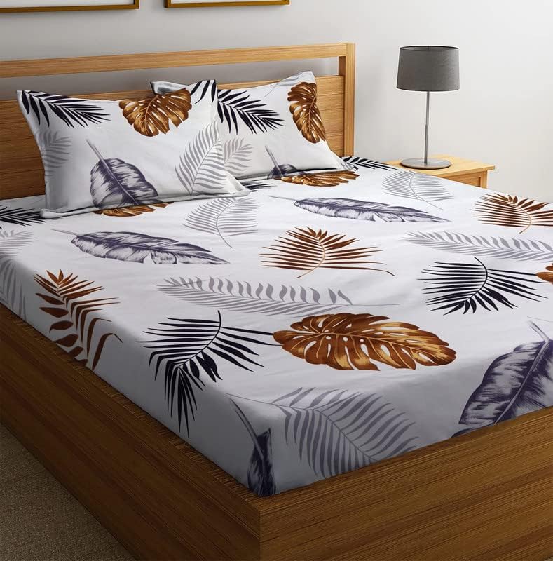 Image of NEW LEAF Premium Cotton Elastic Fitted Bedsheets with 2 Pillow Covers | Double Bed with All Around Elastic 220 TC Supersoft | for 78x72+10 Mattress, Pure White & Grey
