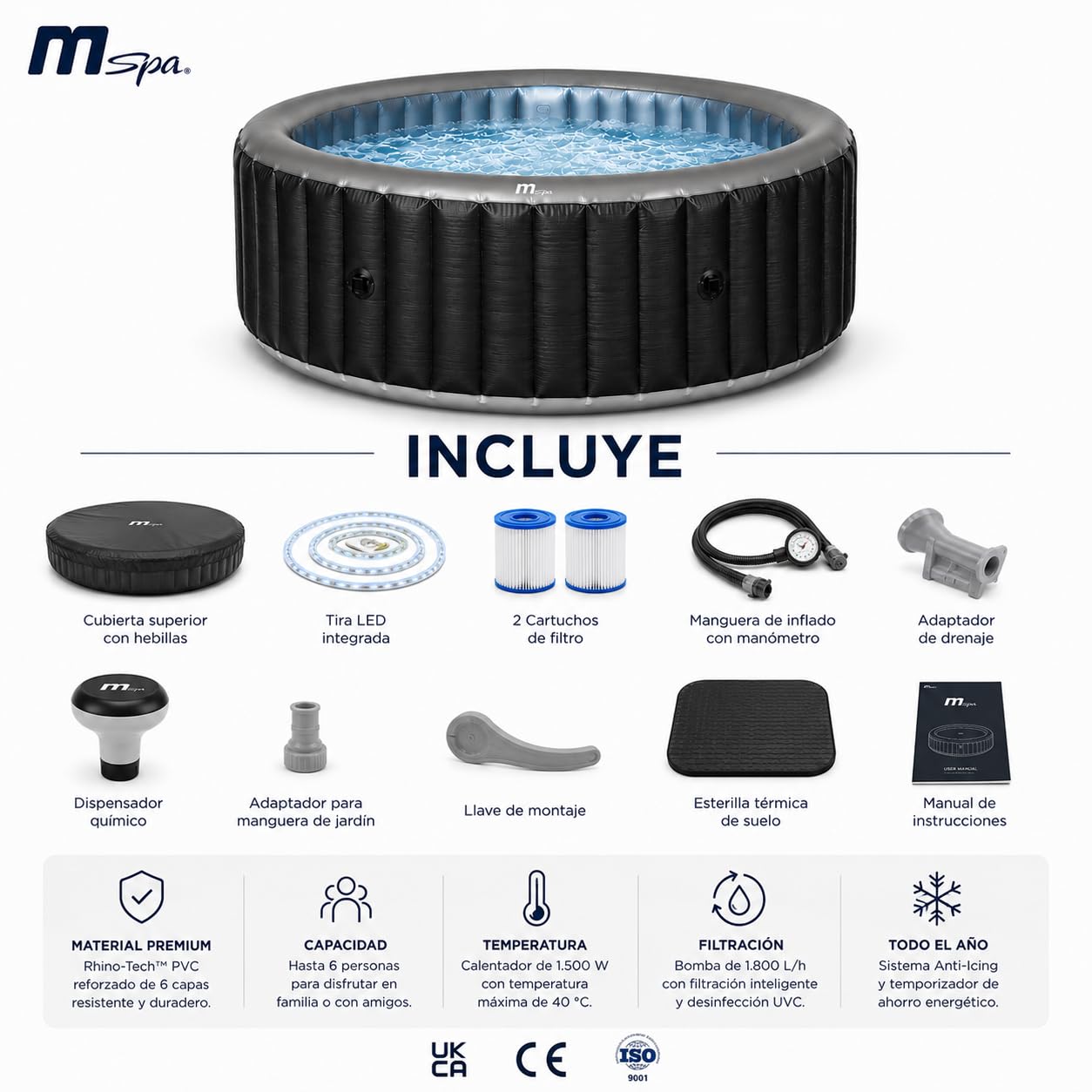 MSpa Starry SPA Hinchable Circular 4-6 Personas con hidromasaje Air Jet, luz LED, calefacción, filtración Inteligente y desinfección UVC