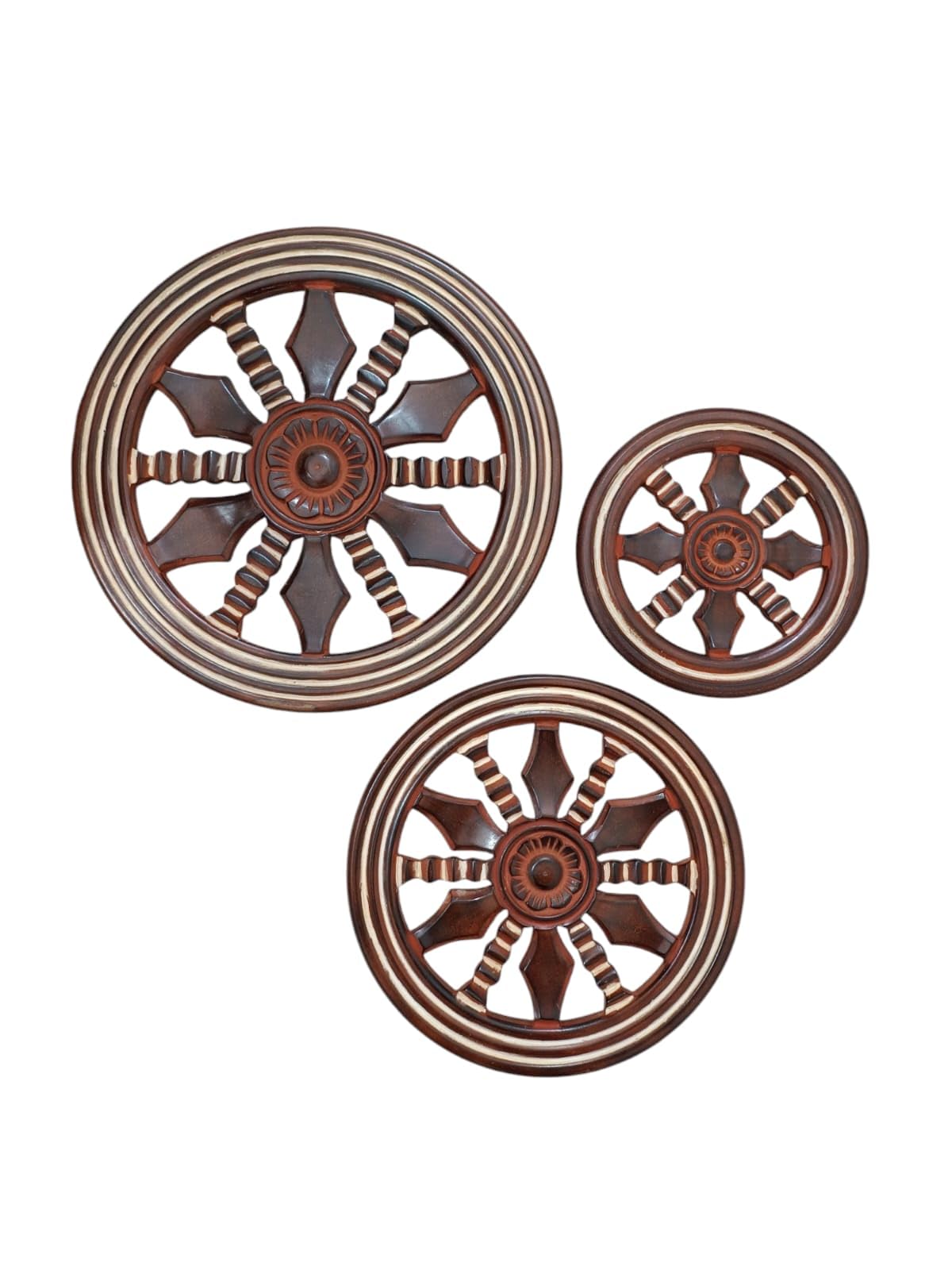 Wooden Wall Panels – Handcrafted Wheel Set of 3 (Ashoka Chakra Design) | Anitique Brown Decorative Round Wall Hanging (15, 12, 9 Inch) Traditional Indian Style Home Décor-image-38