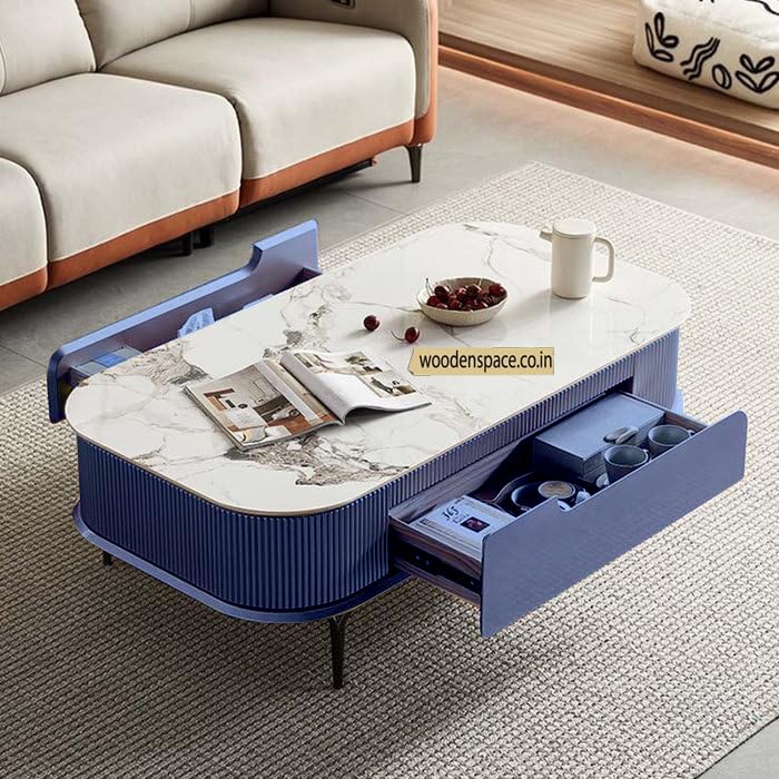 Image of WOODEN SPACE Premium Solo Marble-Top Wooden Center Table for Living Room | Iron Legs | PVD Coating | Modern Entryway Furniture | Coffee Table - 42X24X18 in (Blue)