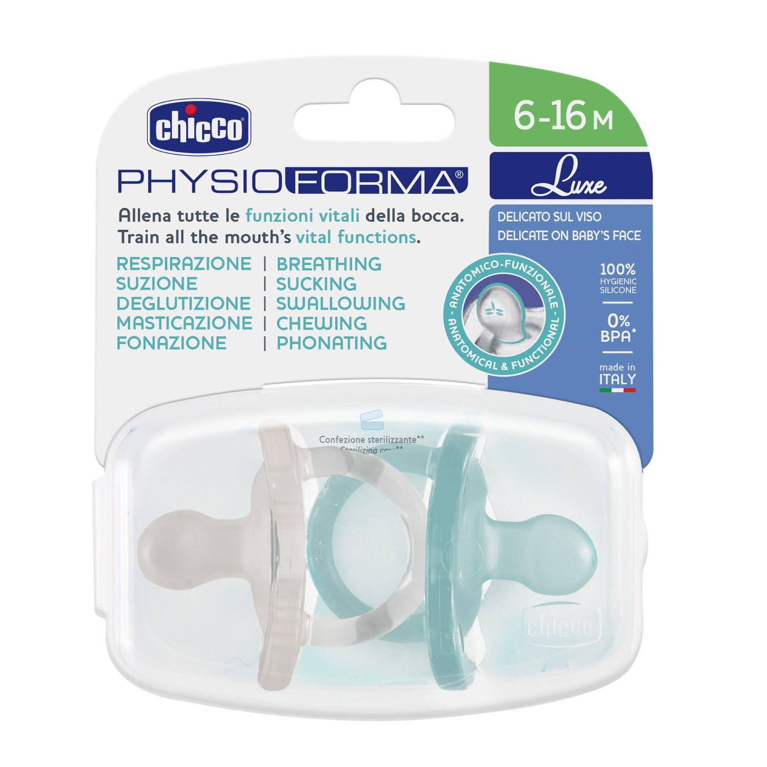 Chicco PhysioForma Gommotto Luxe, silikonowy smoczek 6-16 miesięcy, zestaw miękkich i delikatnych gumek, wspierają fizjologiczne oddychanie i promują prawidłowy rozwój ust, 2 sztuki, dziecko