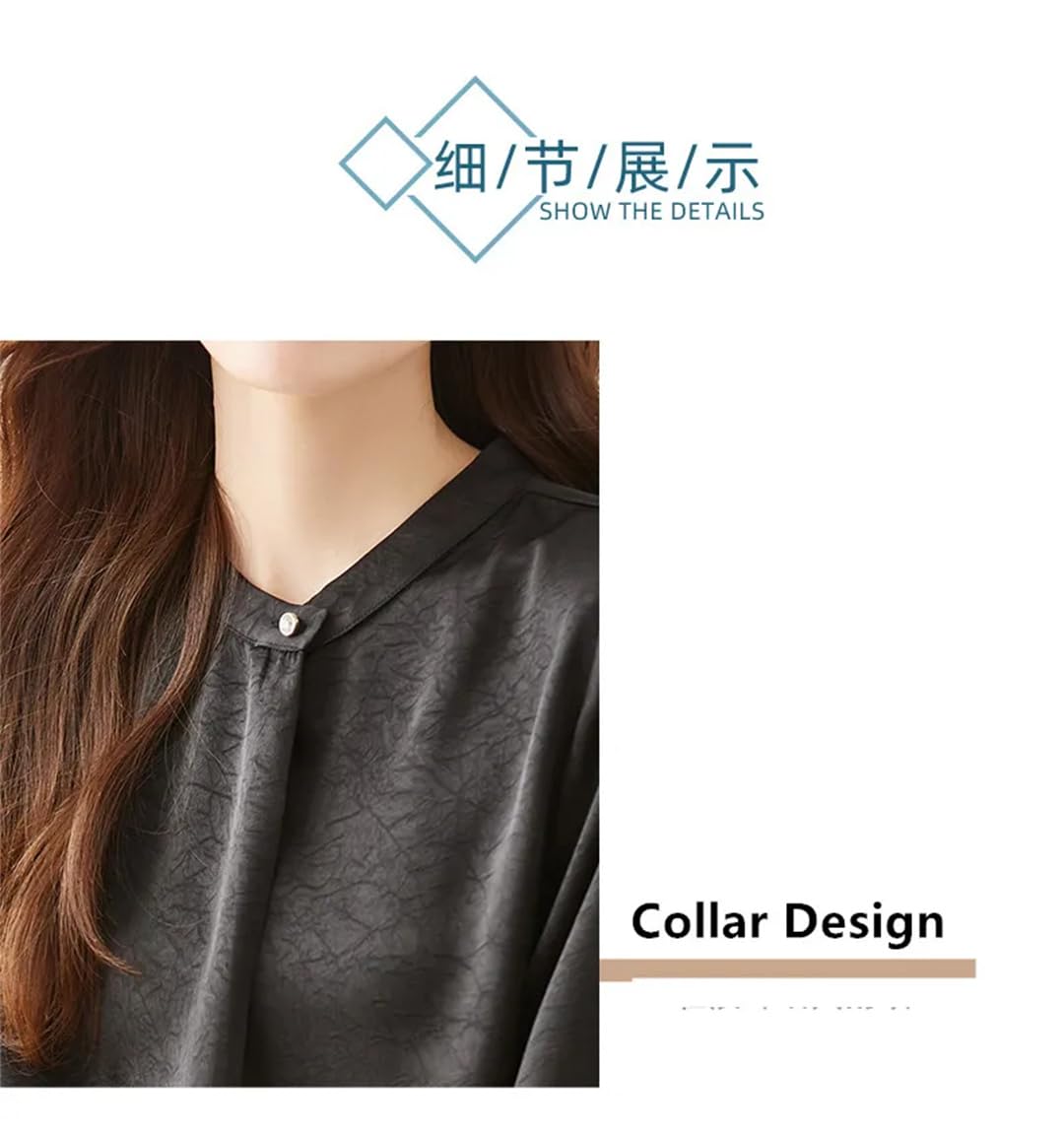 Camisa de satén de manga larga con botones y cuello redondo para mujer