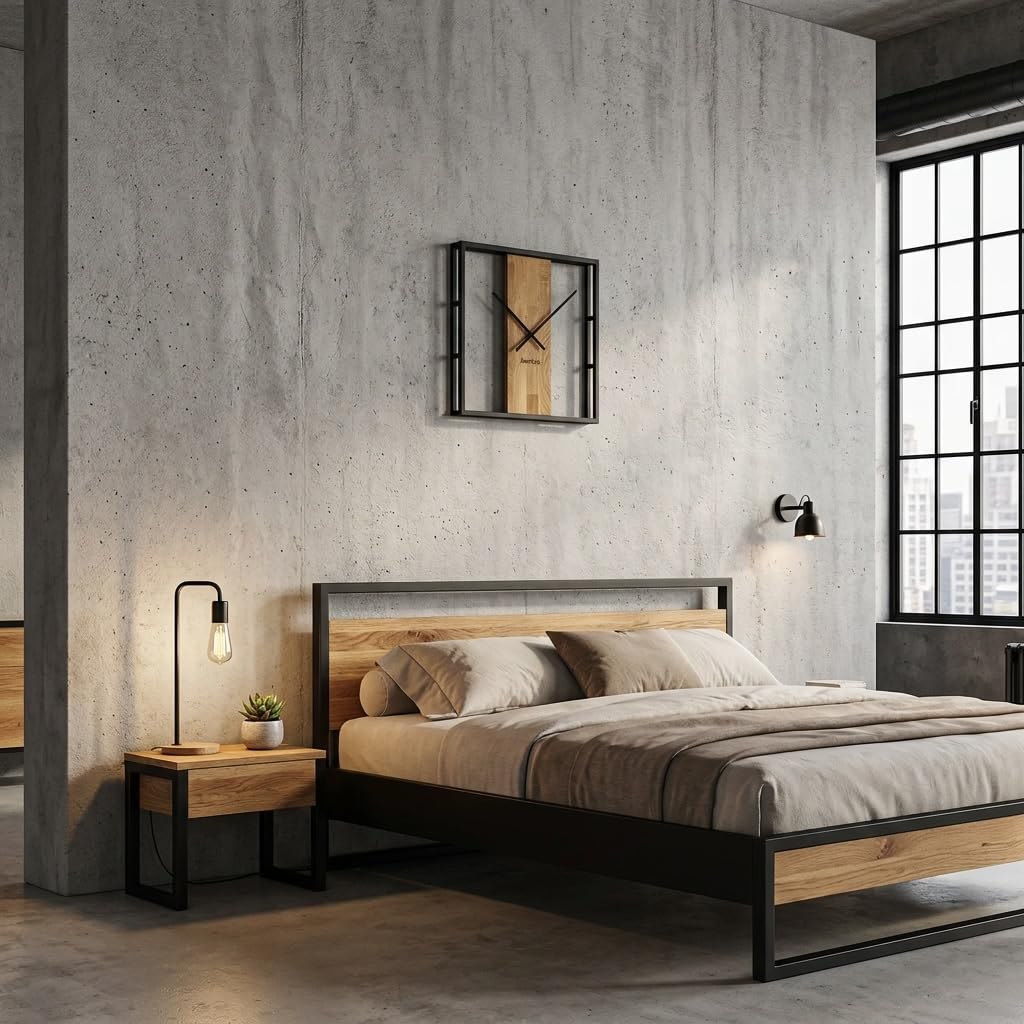FLEXISTYLE Grande orologio da parete quadrato LOFT Square in legno di metallo 3D diametro 50 cm nero