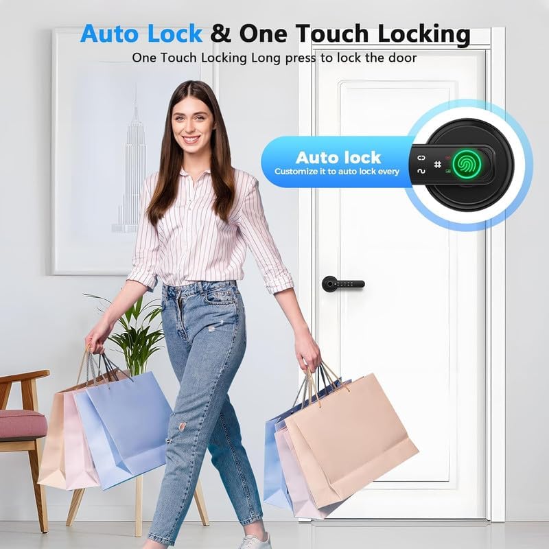 4-in-1 Biometric Fingerprint Smart Door Lever,Keyless Entry Door Handle with App Control&Auto Lock,Minimalist Digital Lock with Hidden Keyhole for Bedroom,Home Office or Airbnb Hosts,Black