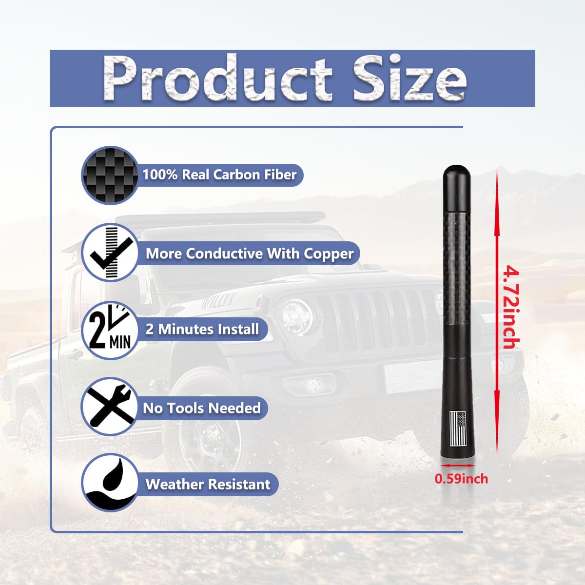 Ziciner Car Carbon Fiber Antenna, 1 PC Auto Replacement Short Antenna Mast, Waterproof Durable Aluminum Car Exterior Decor Accessories Toppers Antenna, Universal Fit for Most Cars (Black)