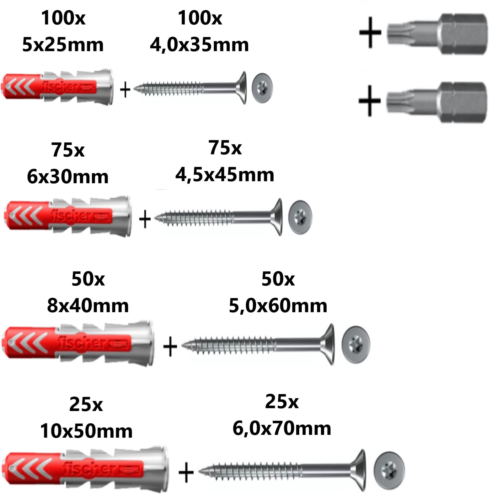 Fischer Duopower Fischer Duopower Sortiment 5x25 6x30 8x40 10x50 mm DÜBEL + SCHRAUBEN + BITS (Fischer Duopower Sortiment !!!500 TEILIG!!! 5x25 6x30 8x40 10x50 mm DÜBEL + SCHRAUBEN + BITS)