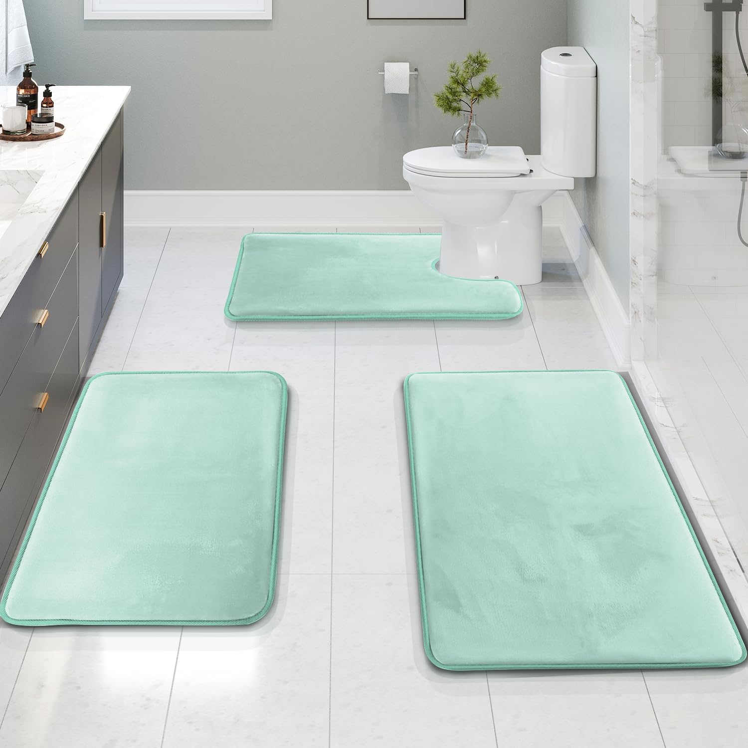Clara Clark Memory Foam Bath Mat Ultra Soft Non Slip And Absorbent Bathroom Rug, Set Of 3 - Small/Large/Contour, Aqua Light Blue 3 Count