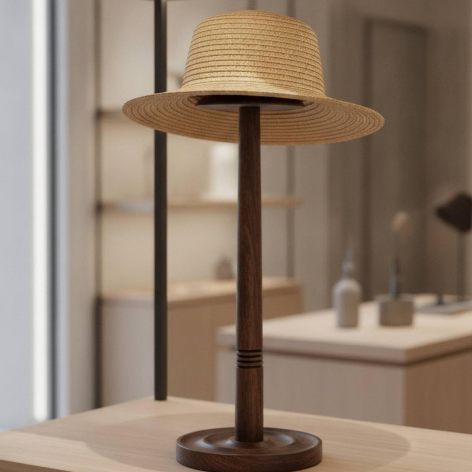 Espositore da Tavolo per Cappelli, Altezza 43 Cm, Modello 3, Colore Legno, Versione Prolungata, Base Concava