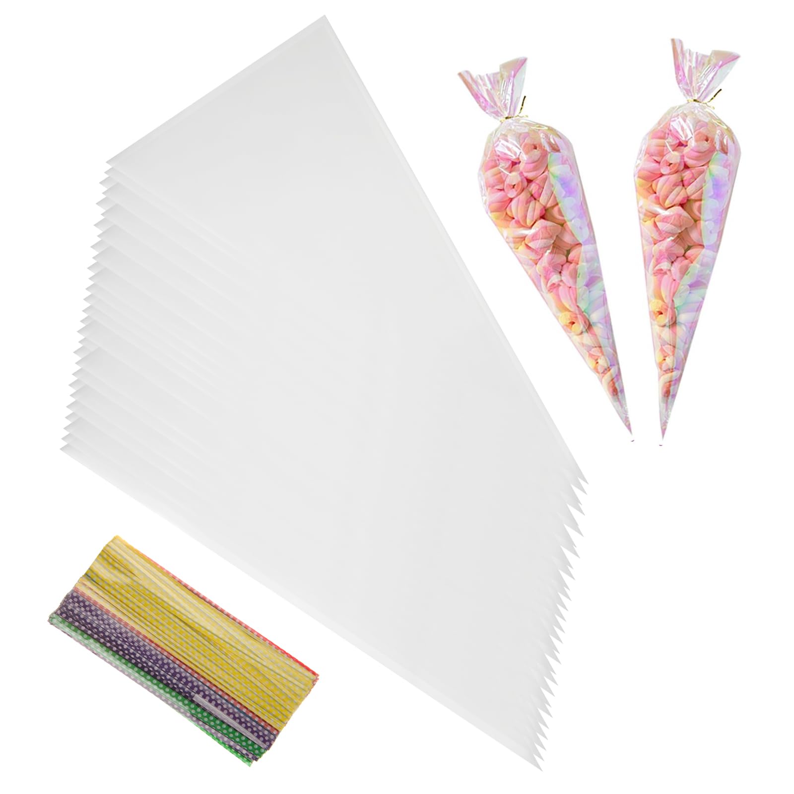 GOYADA 300PCS Sweet Cone Bags, 30x16cm Cellophane Sweet Cone Bags with Ties, Plastic Triangle Bags Sweet Cones Pre Filled for Sweets Snacks Chocolates Candy Popcorn Cookies Biscuits