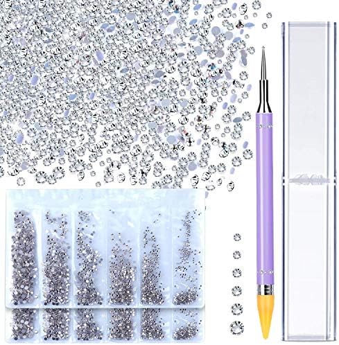 3456Pcs Crystal Rhinestones With Wax Pen Picker, Teenitor 6 Mixed Sizes Round Glass FlatBack Nail Crystals Diamonds Glue On Stones Gems Round Beads For DIY Craft Jewels Nail Face Makeup, Crystal clear