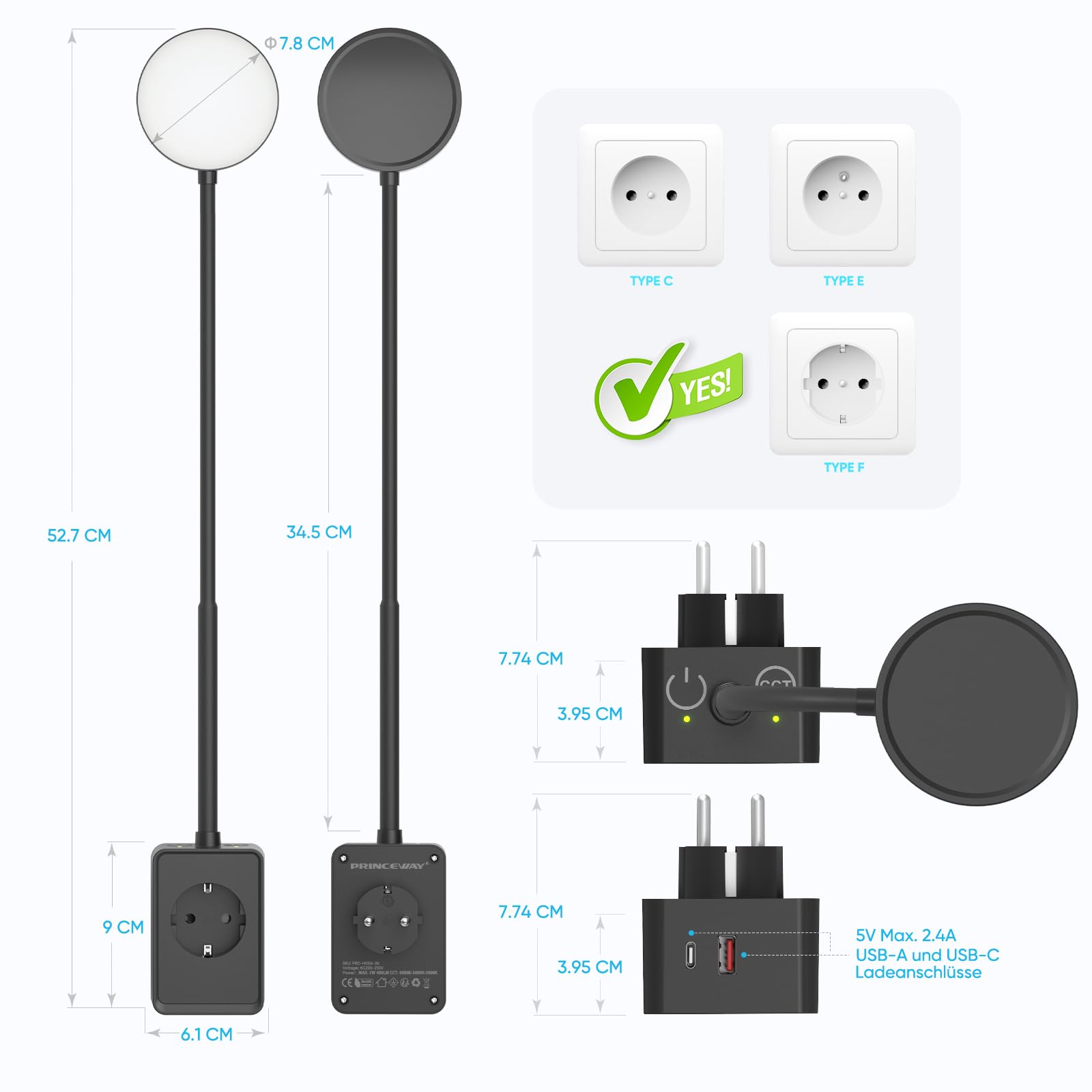 LED Wand Leselampe Bett Schwanenhals Dimmbar Schwarz Innen mit Stecker, Steckdose und USB Anschluss, 2er Pack Steckdosenlampen LED, Zwei Berührungsschalter, 3er Lichtfarben Modi