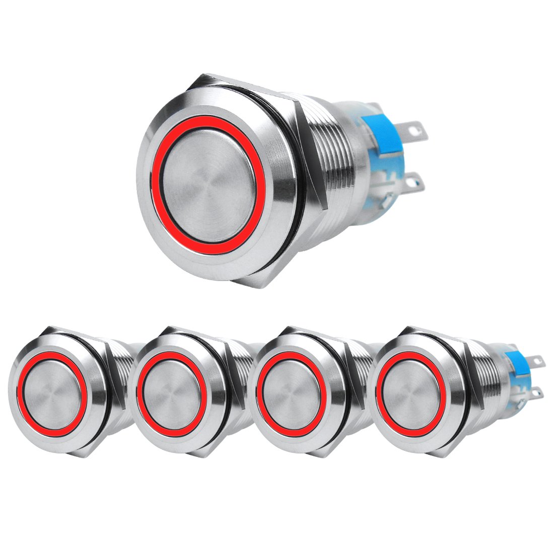Larcele 19mm Druckschalter mit Kontrollleuchte, DIY 12V Elektrische Schalter,Verriegelung,Wasserdicht,5 Stück JSANKG-07 (Verriegelung,Licht Rot) MEHRWEG