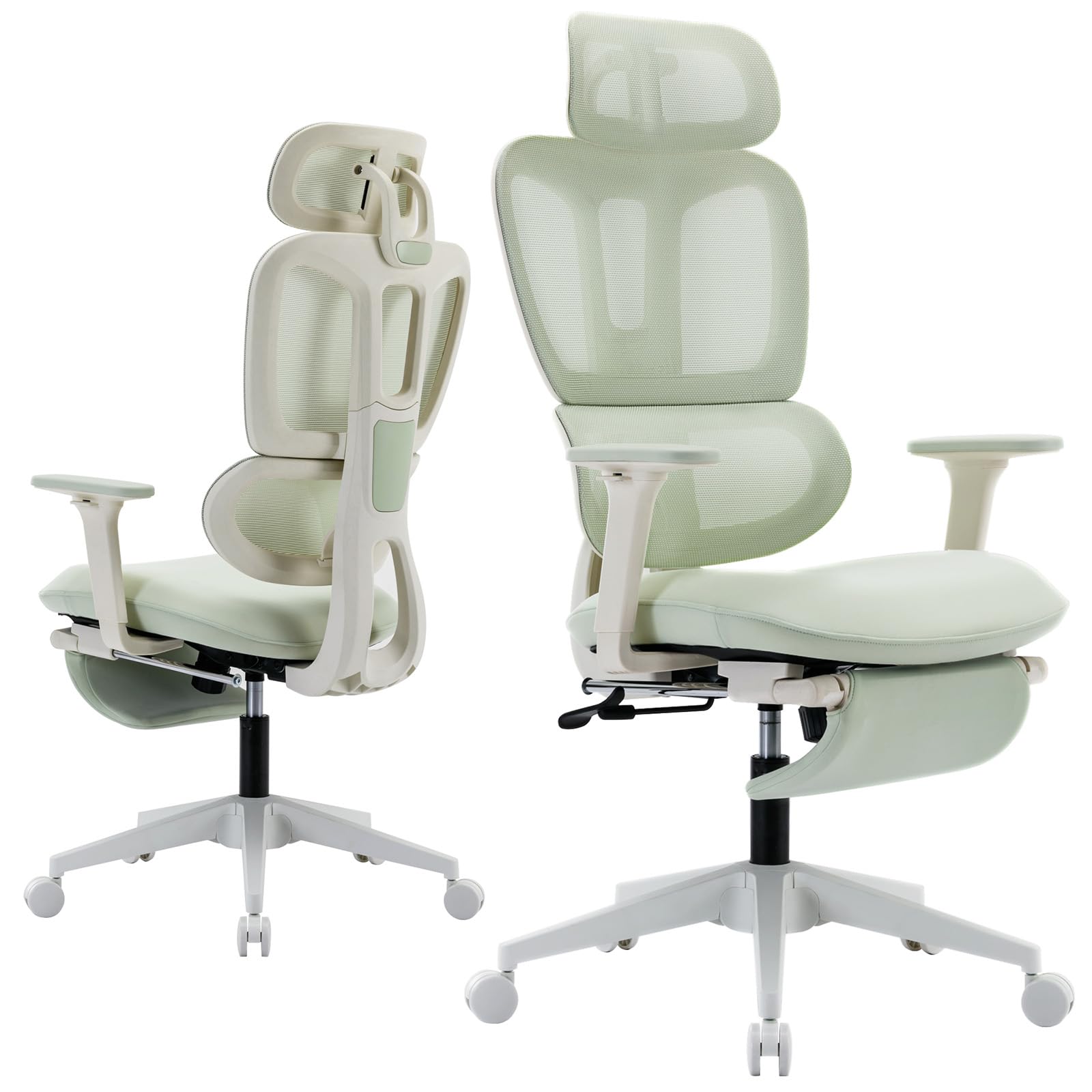 Ergonomic Office Chair with Footrest, High Back Computer Office Chair with Dynamic Lumbar Support, 2D Headrest, 2D Armrest, Sponge Seat, Mesh Home Office Desk Chair for Adults, Green