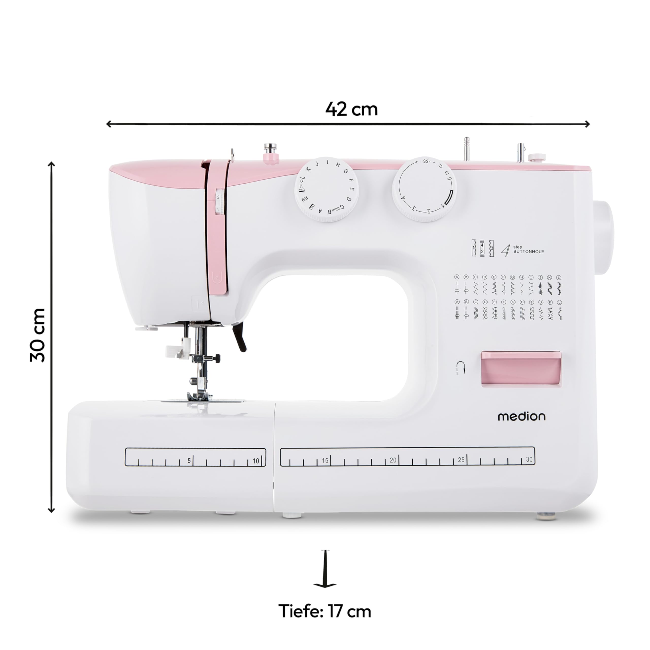 MEDION Freiarm-Nähmaschine SM60 (60 Watt, 60 verschiedene Stichmuster mit Knopflöchern, LED Nählicht, automatischer Einfädler, Rückwärtstaste, Fadenschneider, MD10689) rosa