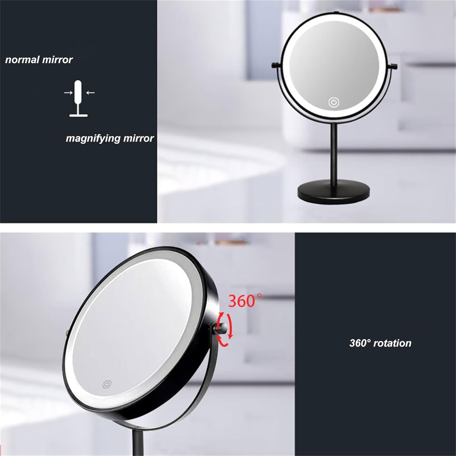 Ściemnialne Lustro Powiększające Z Ekranem Dotykowym W 3 Kolorach, Akumulatorowe Podświetlane Dwustronne Lustro Do Golenia Stojak Na Lusterko Led Vanity, Chrome, 10X