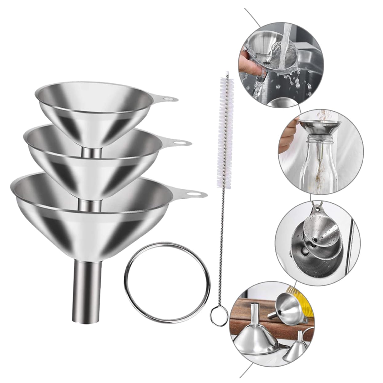 Healifty Entonnoirs de Cuisine Acier Inoxydable Large Bouche Fuite avec Brosse de Nettoyage pour Huile et Alimentaires