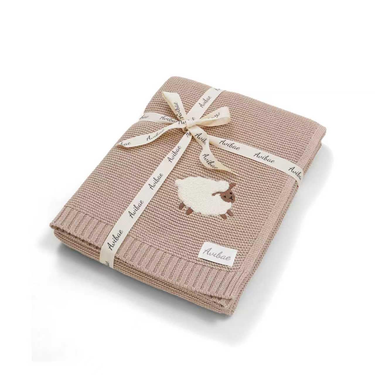 Avibae Men's Light Camel Cotton Baby Blanket For Newborns, Receiving Knit Blanket For Pram, Cot & Car Seat With Cute Lamb Pattern 100X80cm