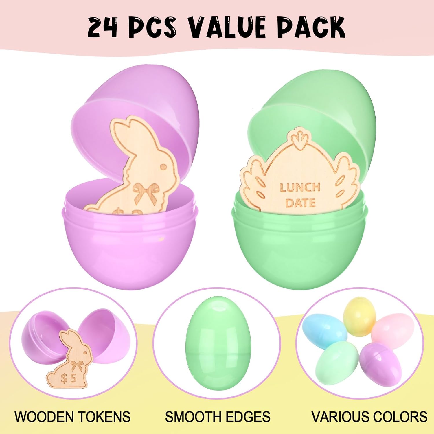 HyDren 24 Easter Egg Tokens Sets Includes 24 Wooden Easter Tokens with Engraved Sayings in 3 Shape and 24 Colorful Plastic Eggs for Kids Basket Stuffers Fillers