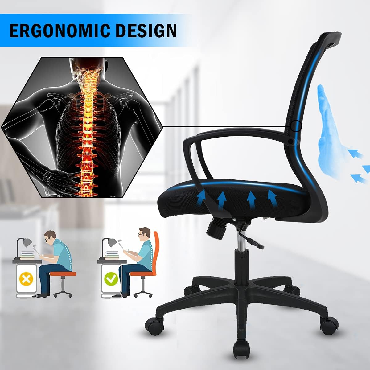 Ergonomic Office Chair Computer Desk Chair Mid Back Mesh Chair with Lumbar Support & Armrest, Adjustable Height Swivel Task Chair for Women Men Adult, Black