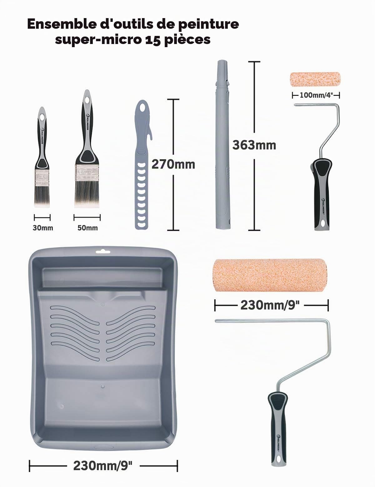 ROLLINGDOG Set Rouleaux Peinture 22,5 cm, Kit 15 Outils Peinture