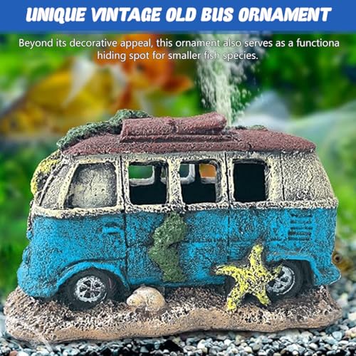 Image of Qpets Fish Tank Accessories, Aquarium Decorative Items, Vintage Resin Old Bus with Hiding Cave Engraving Seaweed and Starfish for Fish /Shrimp /Betta Fish (13x7.5x8CM)