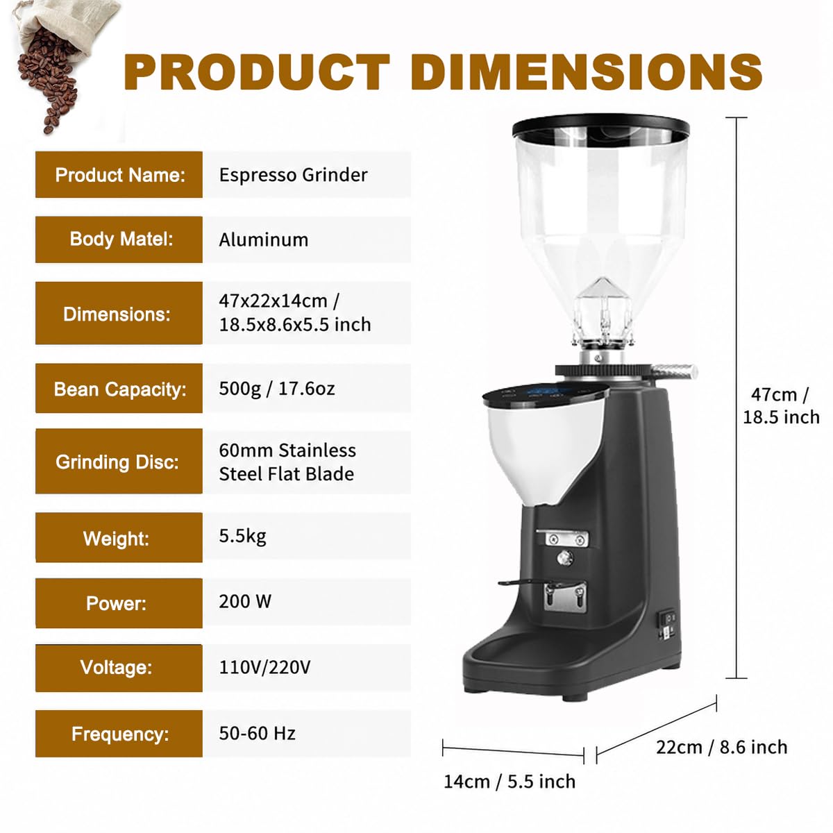 Profesjonalny młynek żarnowy do kawy espresso, 19 precyzyjnych ustawień, młynek do kawy espresso, obsługa bez wysiłku (Black)