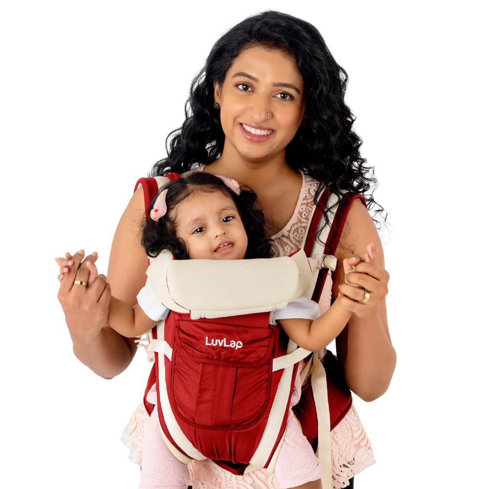 LuvLap Elegant Baby Carrier with 4 carry positions, Baby carrier for 4 to 24 months baby, Adjustable New-born to Toddler Carrier with cushioned leg support, Max weight Up to 15 Kgs (Red)
