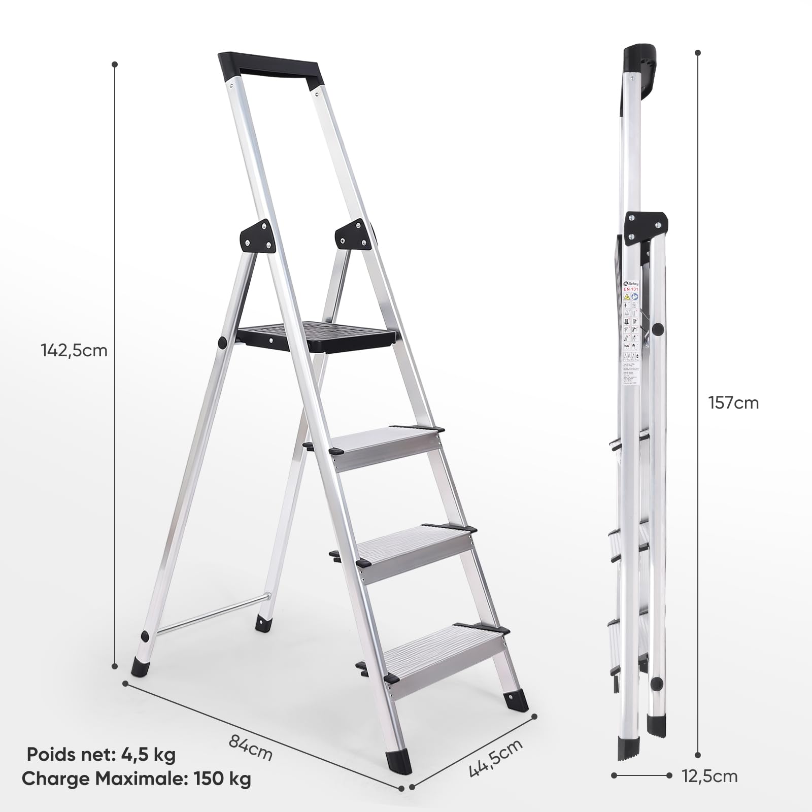 Sekey Escabeau 4 Marches Pliable en Aluminium (140 cm), Marchepied Escamotable avec Plateau à Outils, Antidérapant, Charge Jusqu’à 150 kg, Certifié TÜV EN131-2, Usage Domestique, Garage & Jardin