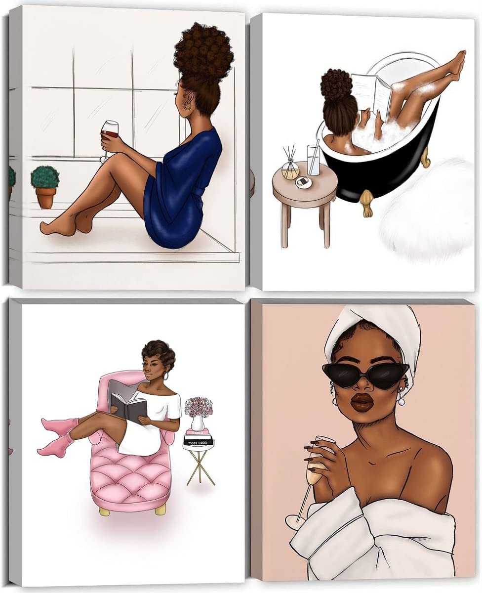 Quzenu Fashion Wall Art - Canvas Posters Prints Set of 4 Framed Wall Art - Modern Women Bathroom Pink Wall Decor