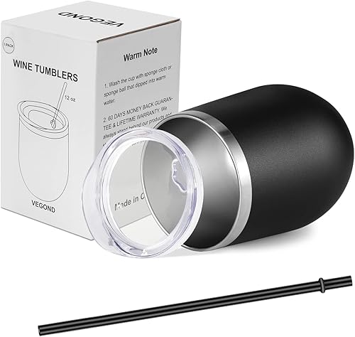 Miniatura 5 de Vaso de vino VEGOND de 12 oz hecho de acero inoxidable, térmico con tapa y pajita, vaso de vino con aislamiento al vacío y doble pared, sin tallo,