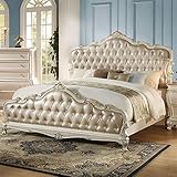 KOYVRY Leather Royal Bed Frame Queen - French Country Bed Frame with Crystal Button Tufting and Shell Crown Design, Luxury Bed Frames with Scrolled Molding Trim and Wooden Legs, Box Spring Required